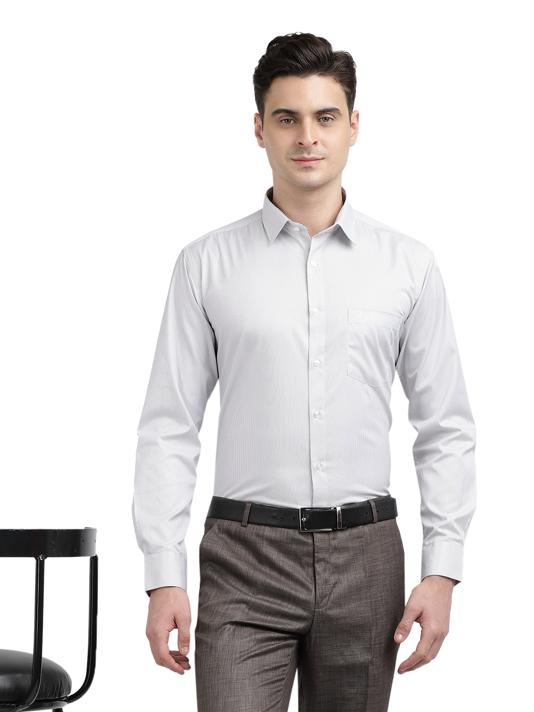 Model wearing Clarke Gable's White Striped Formal Shirt in a casual setting
