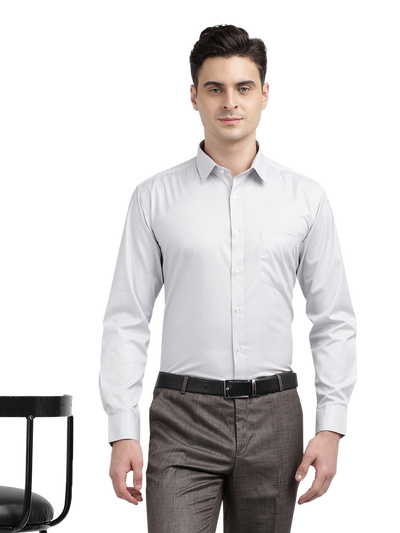 Model wearing Clarke Gable's White Striped Formal Shirt in a casual setting