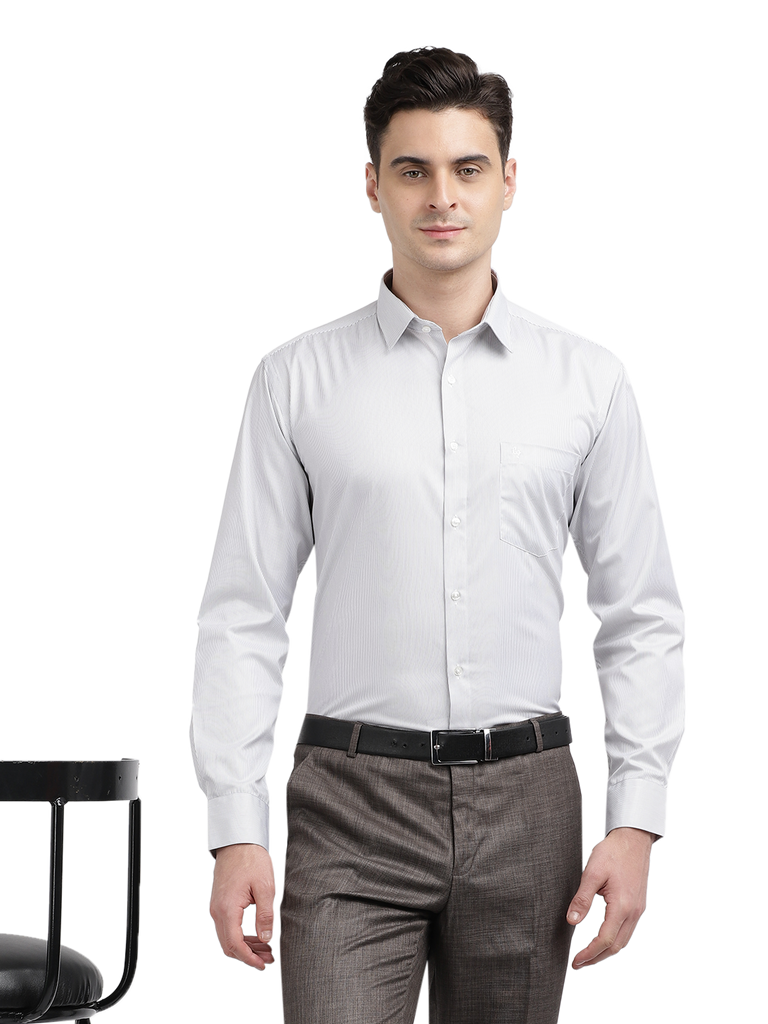 Model wearing Clarke Gable's White Striped Formal Shirt in a casual setting