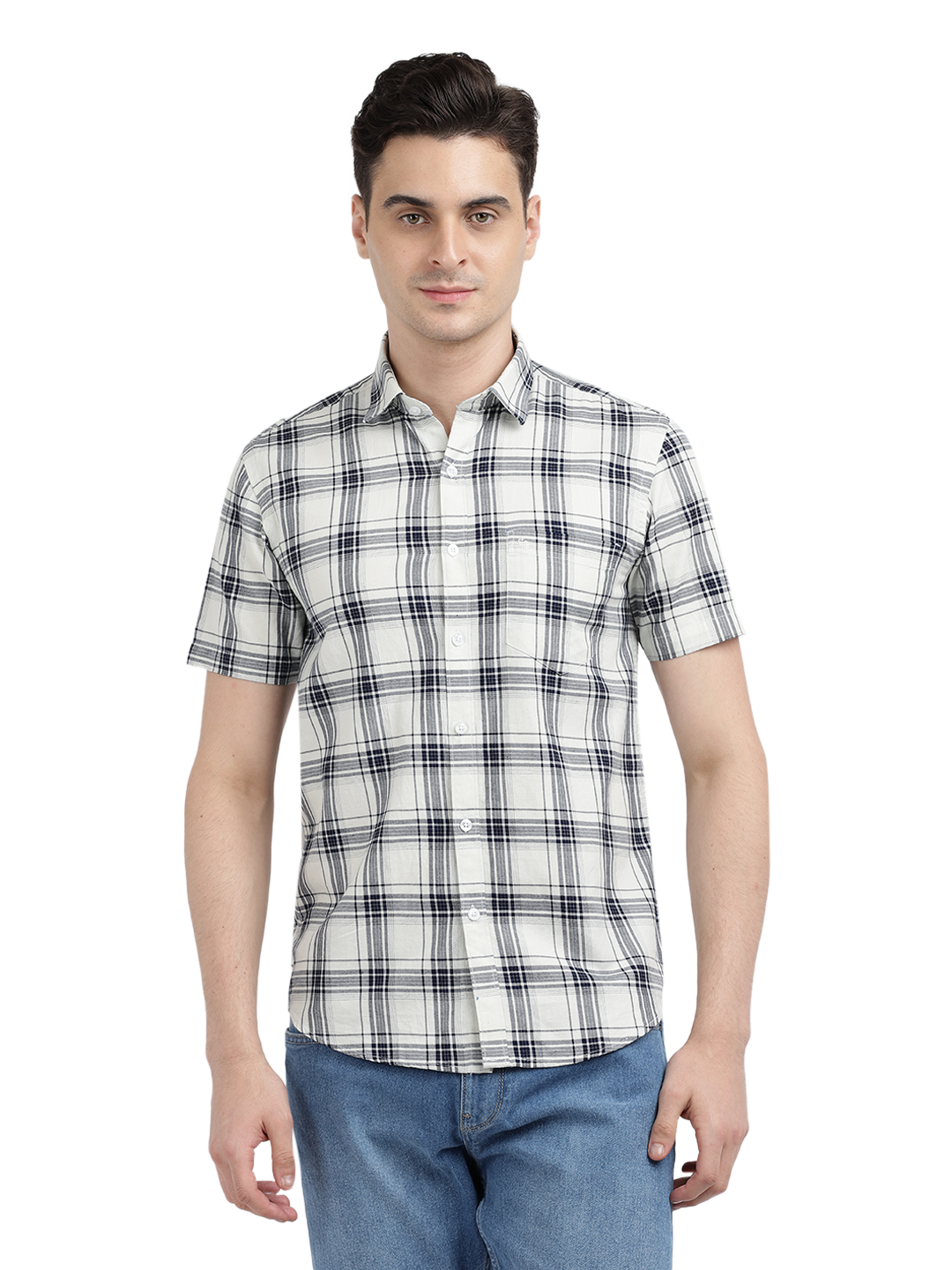 Model wearing Clarke Gable's White With Black Checked Casual Shirt in a casual setting