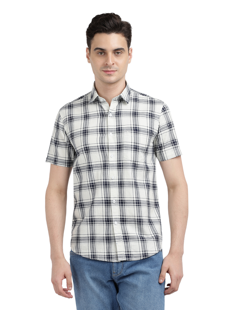 Model wearing Clarke Gable's White With Black Checked Casual Shirt in a casual setting