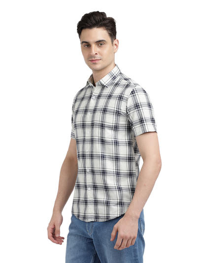 Model wearing Clarke Gable's White With Black Checked Casual Shirt in a casual setting