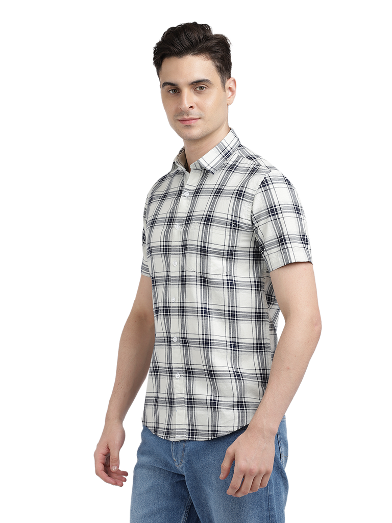 Model wearing Clarke Gable's White With Black Checked Casual Shirt in a casual setting