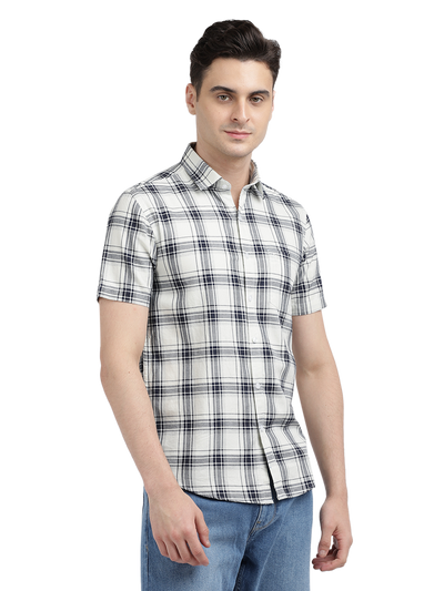 Model wearing Clarke Gable's White With Black Checked Casual Shirt in a casual setting