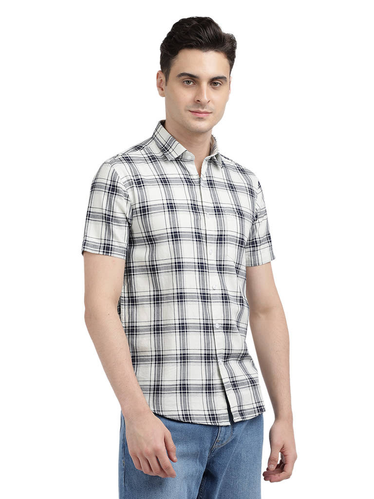 Model wearing Clarke Gable's White With Black Checked Casual Shirt in a casual setting