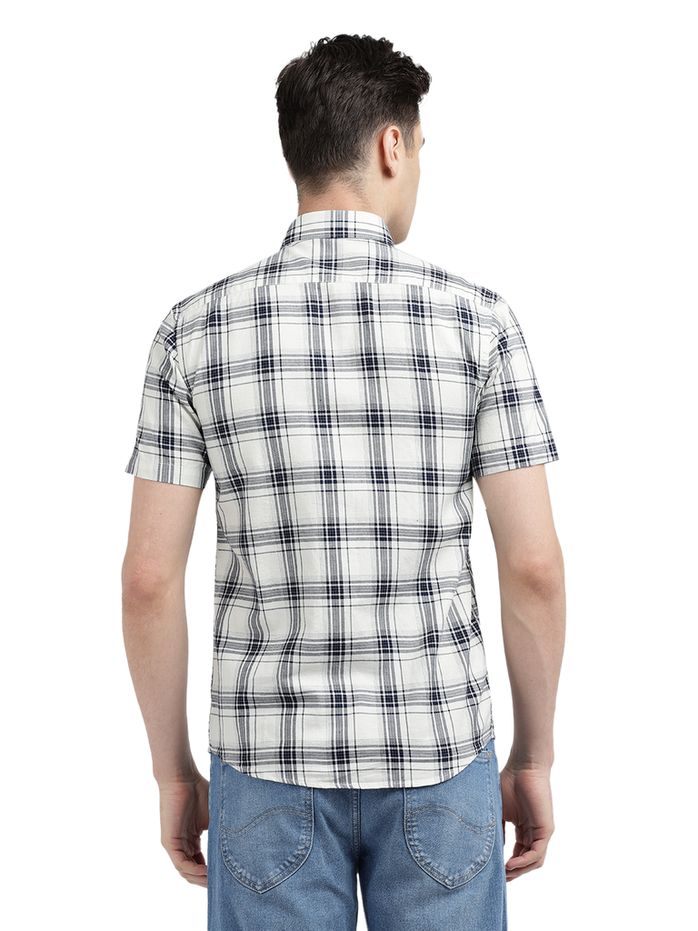 Model wearing Clarke Gable's White With Black Checked Casual Shirt in a casual setting