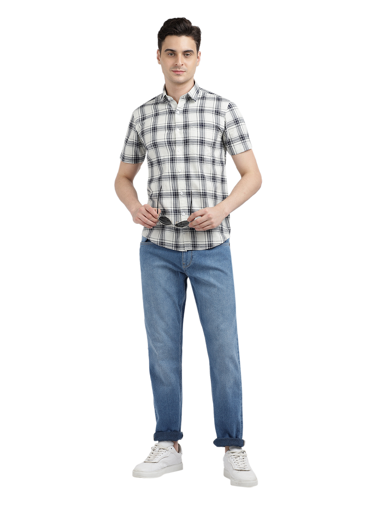 Model wearing Clarke Gable's White With Black Checked Casual Shirt in a casual setting