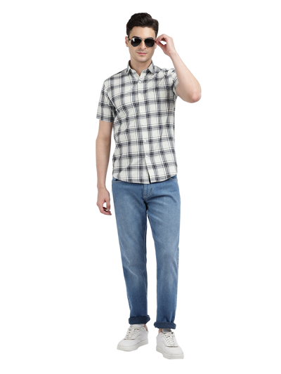 Model wearing Clarke Gable's White With Black Checked Casual Shirt in a casual setting