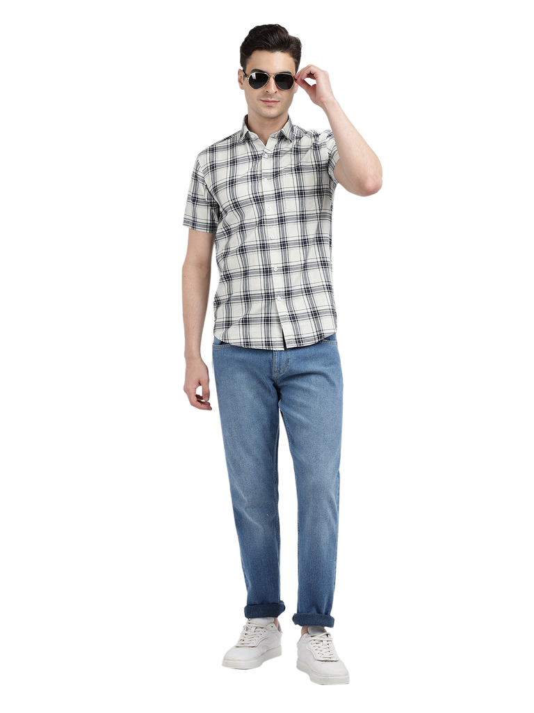 Model wearing Clarke Gable's White With Black Checked Casual Shirt in a casual setting