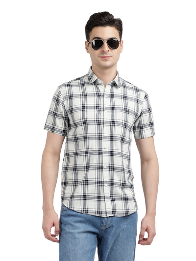 Model wearing Clarke Gable's White With Black Checked Casual Shirt in a casual setting