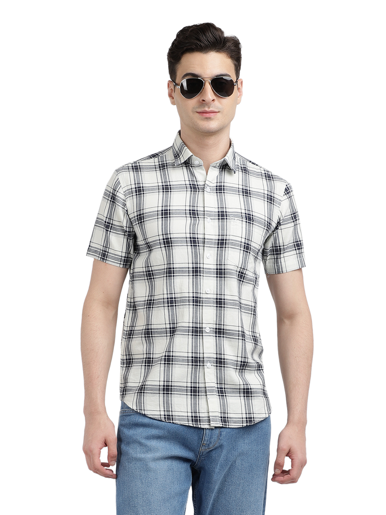 Model wearing Clarke Gable's White With Black Checked Casual Shirt in a casual setting