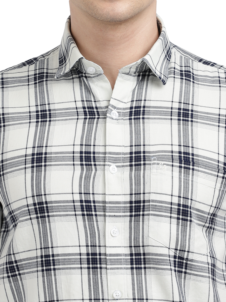 Model wearing Clarke Gable's White With Black Checked Casual Shirt in a casual setting