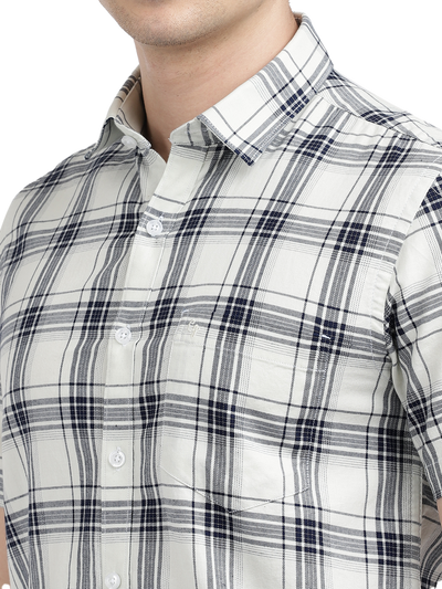 Model wearing Clarke Gable's White With Black Checked Casual Shirt in a casual setting