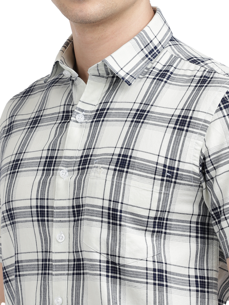 Model wearing Clarke Gable's White With Black Checked Casual Shirt in a casual setting