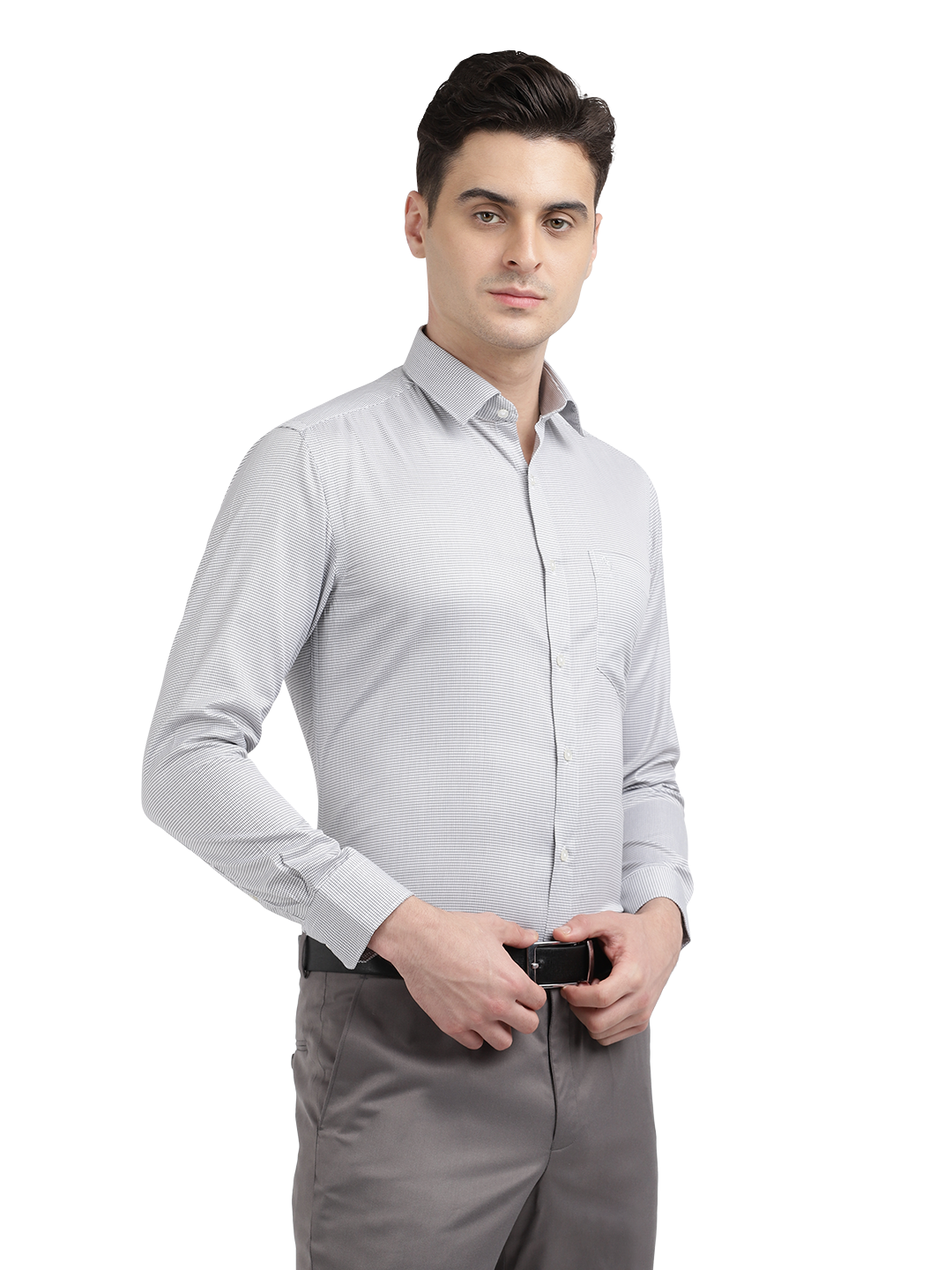Model wearing Clarke Gable's White With Black Checked Formal Shirt in a casual setting
