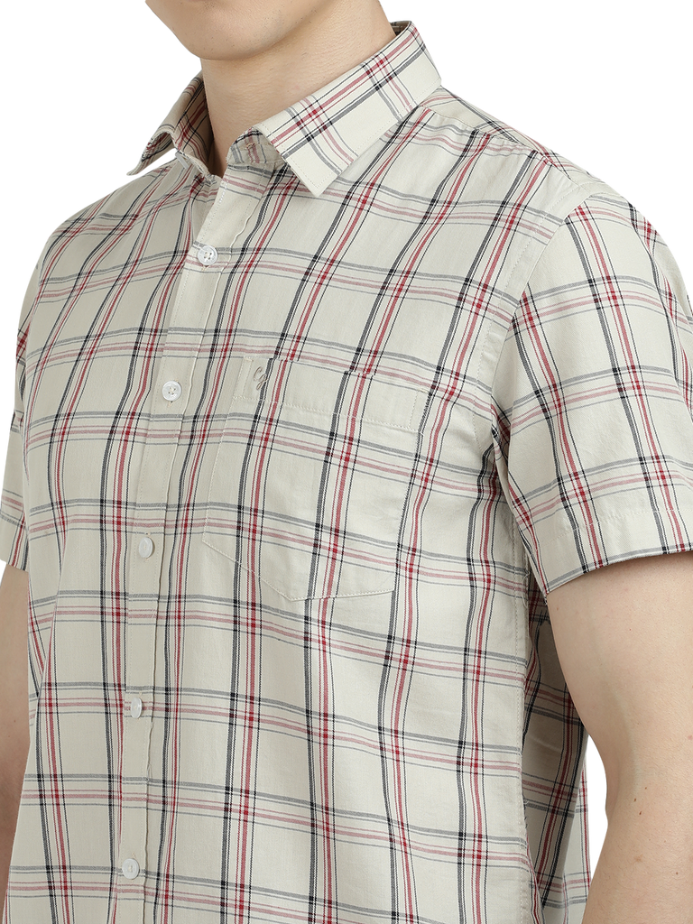 Model wearing Clarke Gable's White With Black Checked Semi Casual Shirt in a casual setting