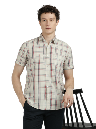 Model wearing Clarke Gable's White With Black Checked Semi Casual Shirt in a casual setting