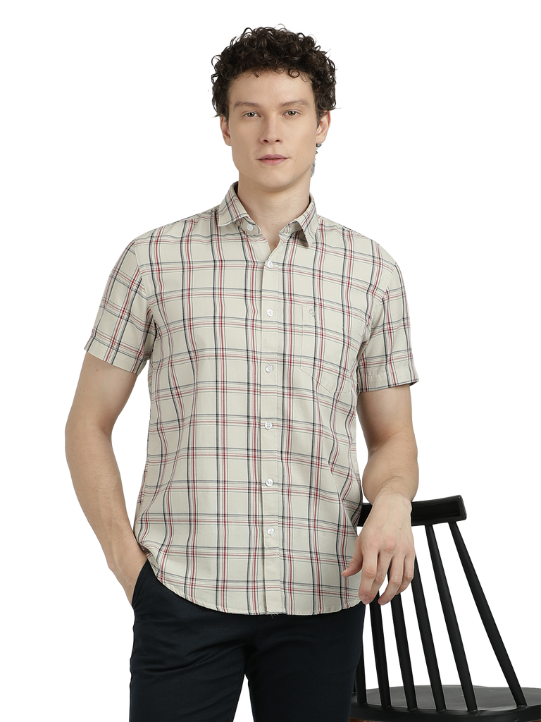 Model wearing Clarke Gable's White With Black Checked Semi Casual Shirt in a casual setting