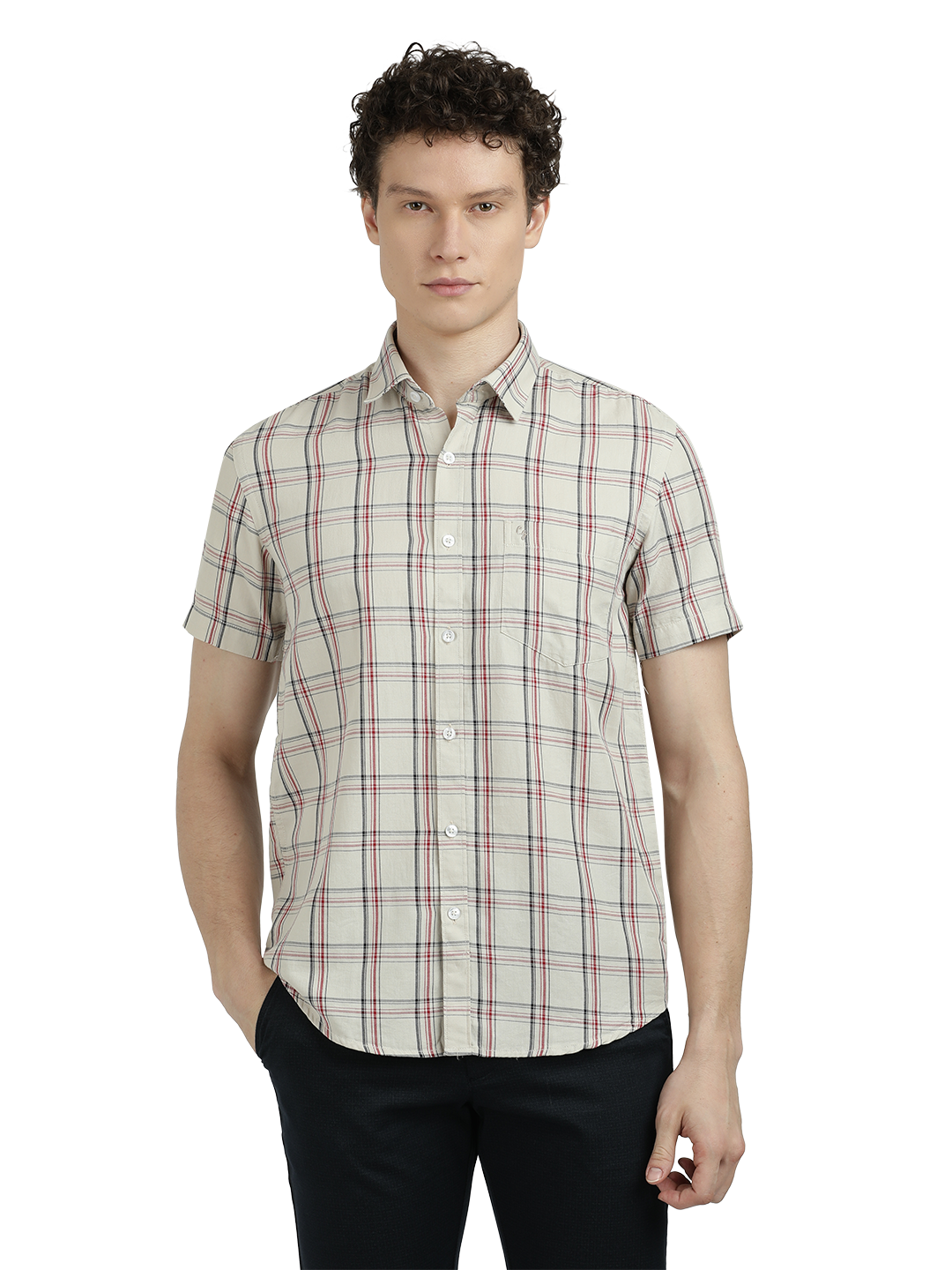 Model wearing Clarke Gable's White With Black Checked Semi Casual Shirt in a casual setting