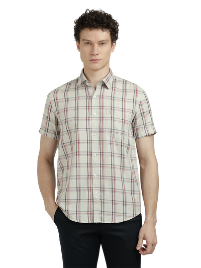 Model wearing Clarke Gable's White With Black Checked Semi Casual Shirt in a casual setting