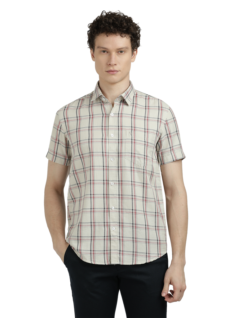 Model wearing Clarke Gable's White With Black Checked Semi Casual Shirt in a casual setting