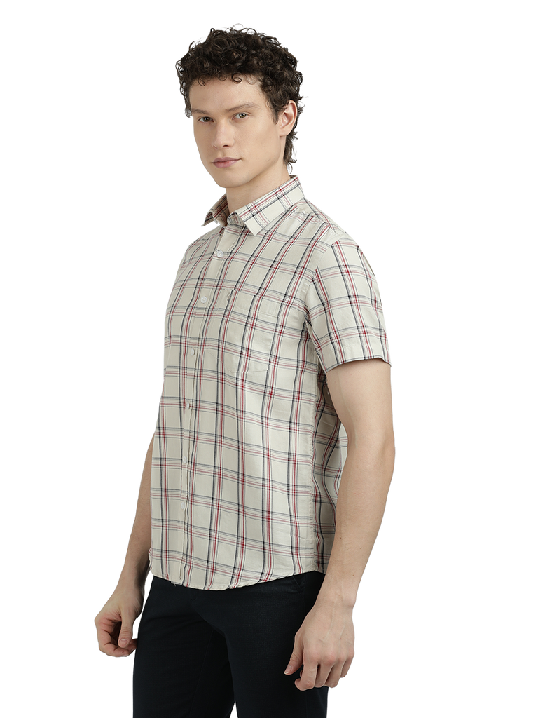 Model wearing Clarke Gable's White With Black Checked Semi Casual Shirt in a casual setting