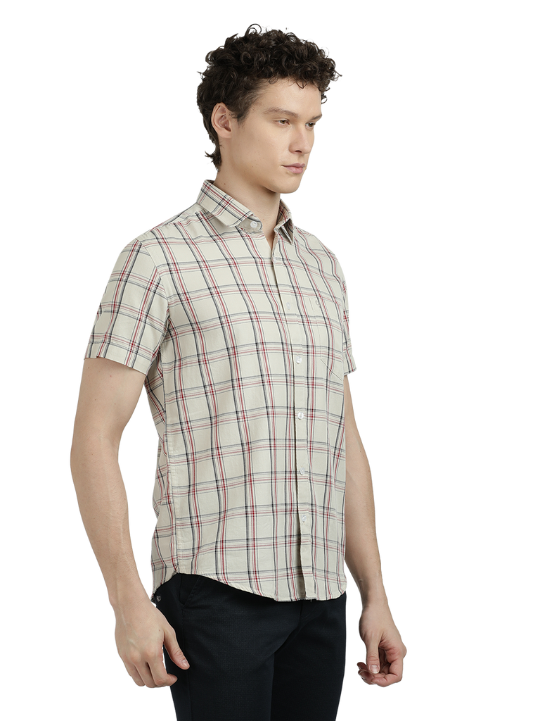 Model wearing Clarke Gable's White With Black Checked Semi Casual Shirt in a casual setting