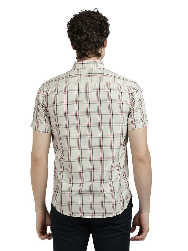 Model wearing Clarke Gable's White With Black Checked Semi Casual Shirt in a casual setting