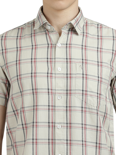 Model wearing Clarke Gable's White With Black Checked Semi Casual Shirt in a casual setting