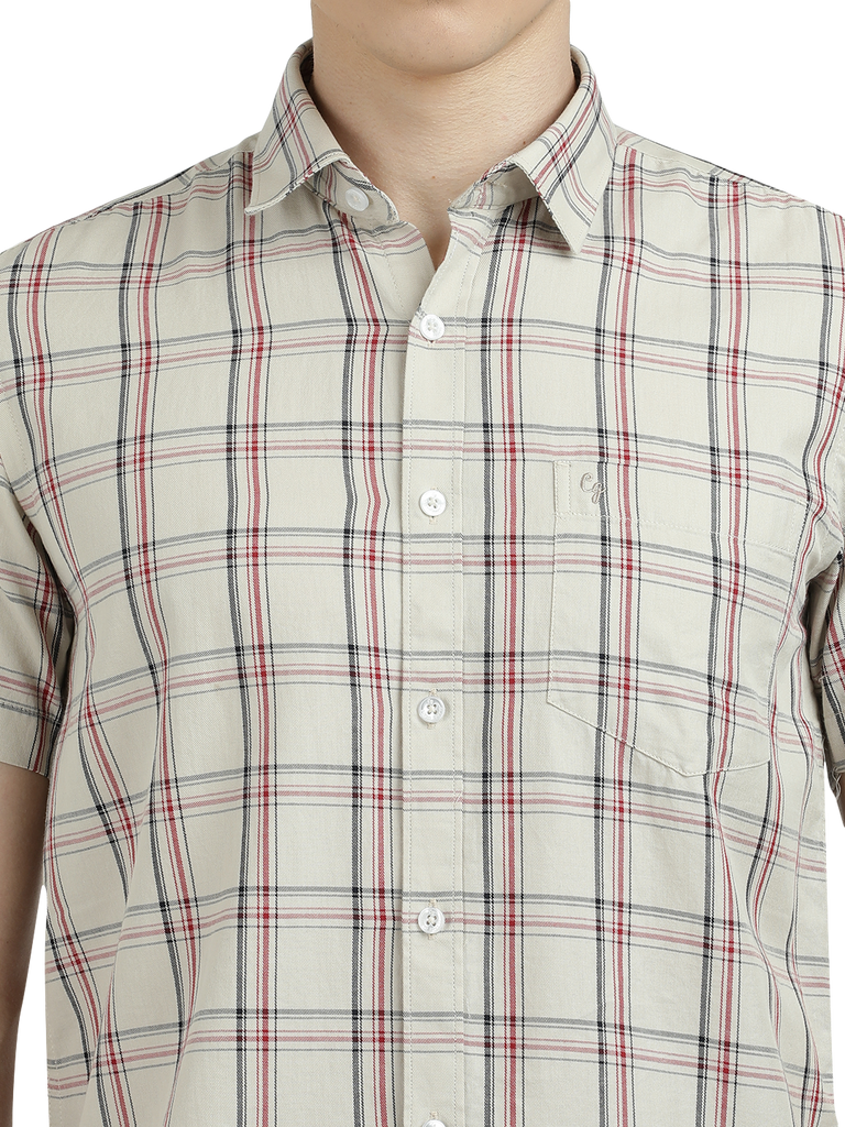 Model wearing Clarke Gable's White With Black Checked Semi Casual Shirt in a casual setting