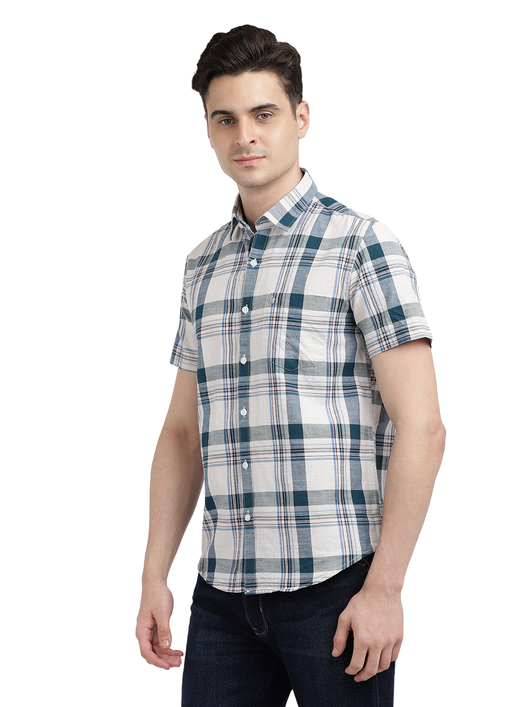 Model wearing Clarke Gable's White With Blue Checked Casual Shirt in a casual setting