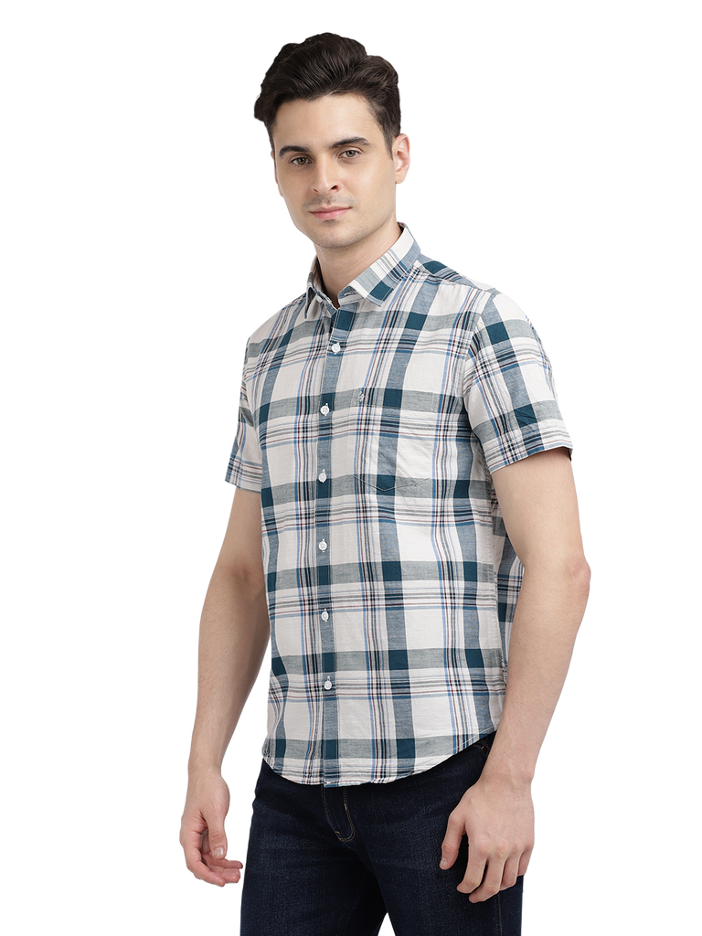 Model wearing Clarke Gable's White With Blue Checked Casual Shirt in a casual setting