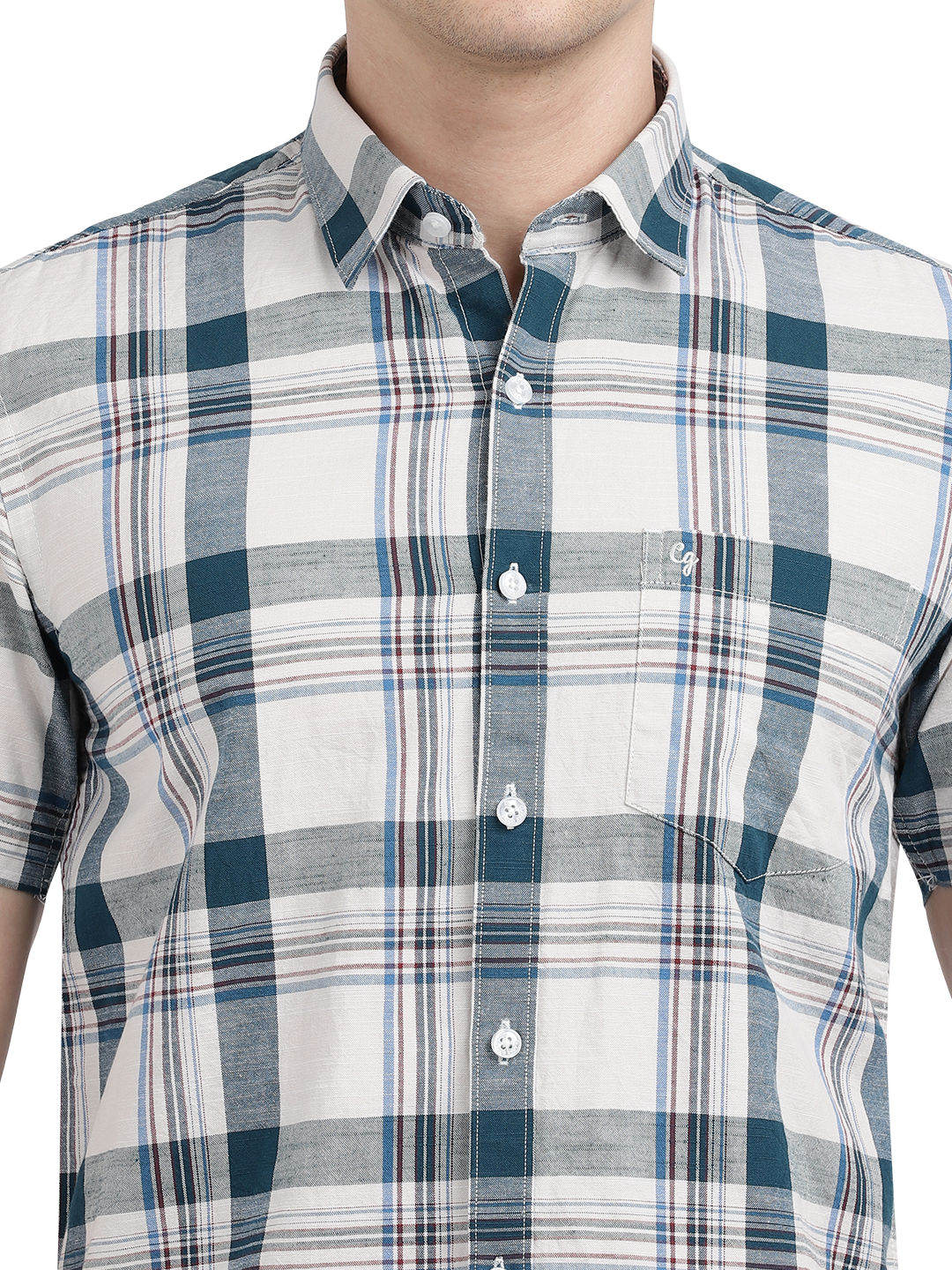 Model wearing Clarke Gable's White With Blue Checked Casual Shirt in a casual setting