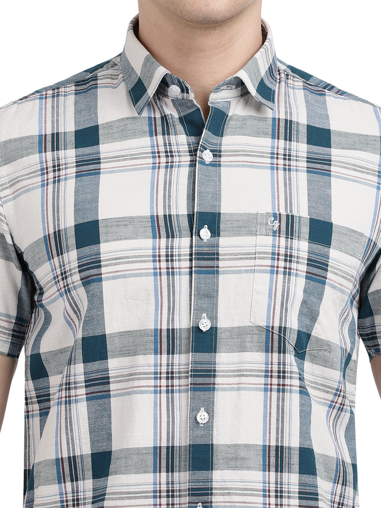 Model wearing Clarke Gable's White With Blue Checked Casual Shirt in a casual setting