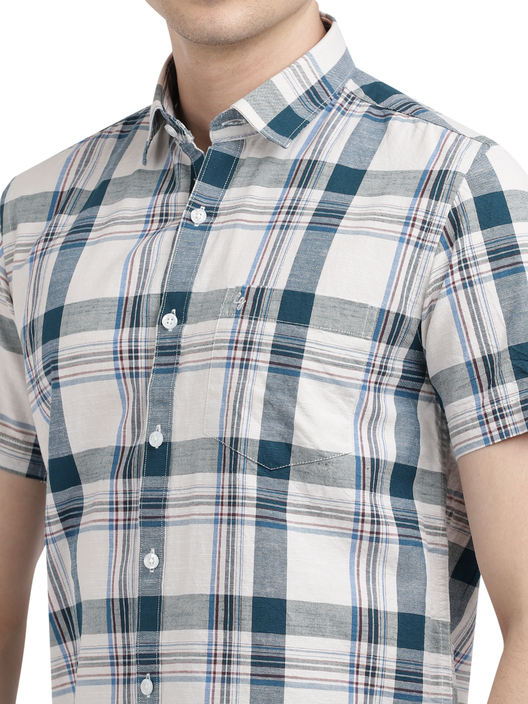 Model wearing Clarke Gable's White With Blue Checked Casual Shirt in a casual setting