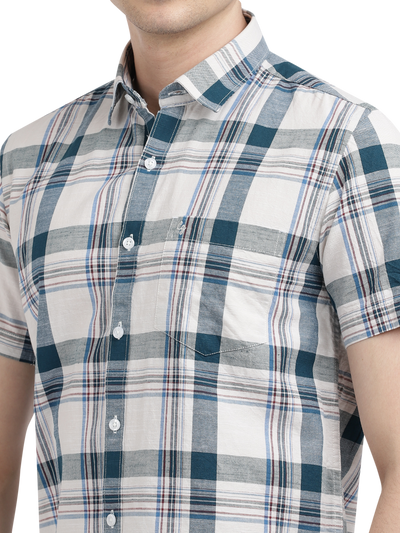 Model wearing Clarke Gable's White With Blue Checked Casual Shirt in a casual setting
