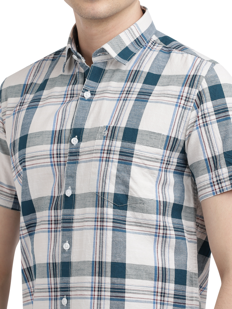 Model wearing Clarke Gable's White With Blue Checked Casual Shirt in a casual setting