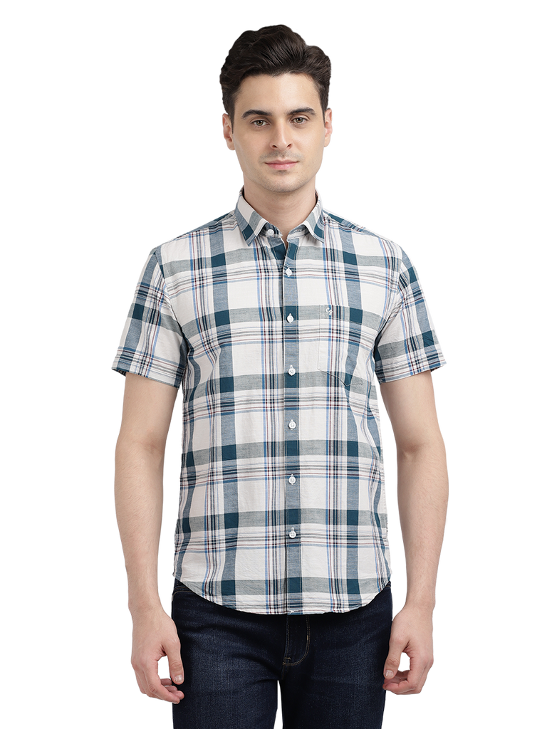 Model wearing Clarke Gable's White With Blue Checked Casual Shirt in a casual setting