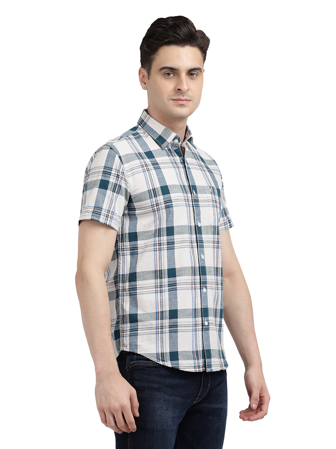 Model wearing Clarke Gable's White With Blue Checked Casual Shirt in a casual setting