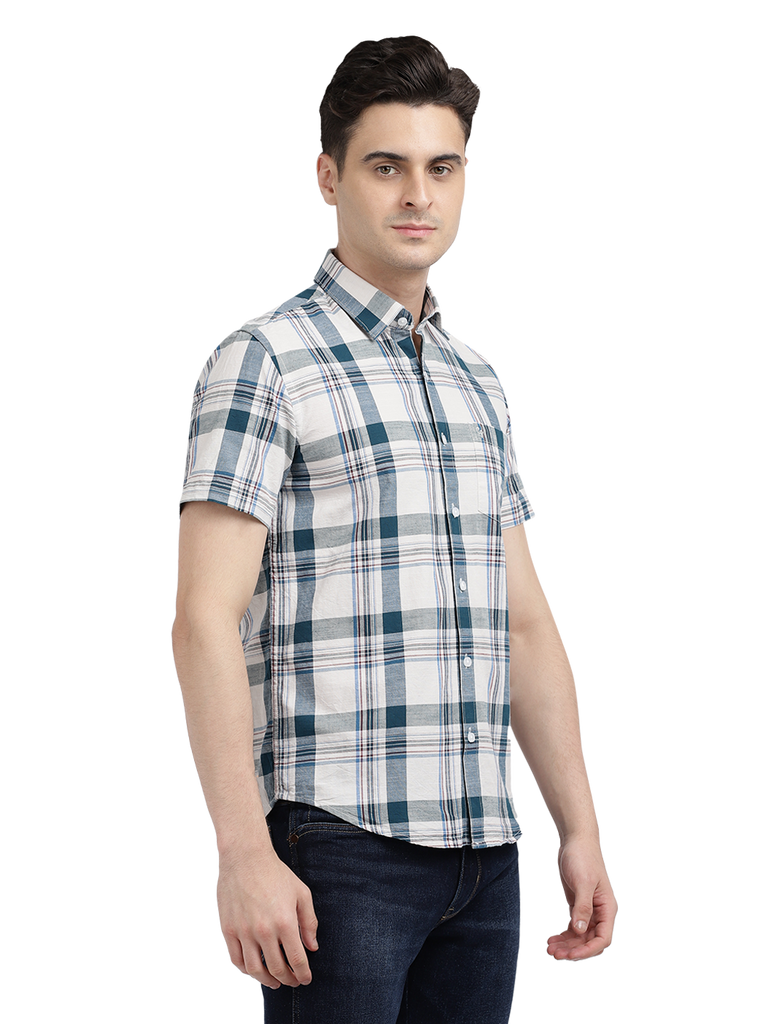 Model wearing Clarke Gable's White With Blue Checked Casual Shirt in a casual setting