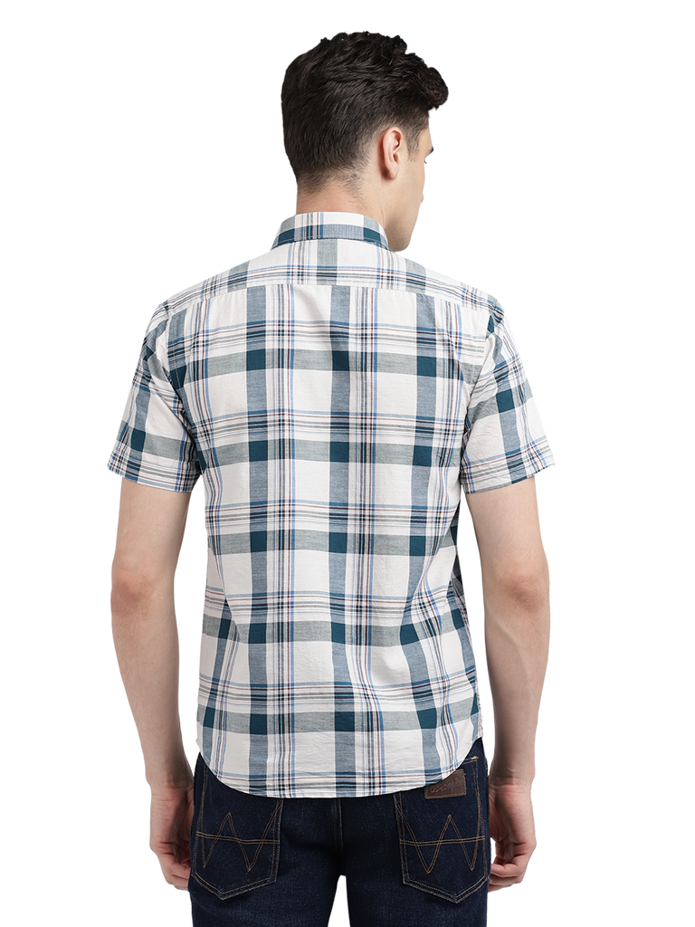 Model wearing Clarke Gable's White With Blue Checked Casual Shirt in a casual setting