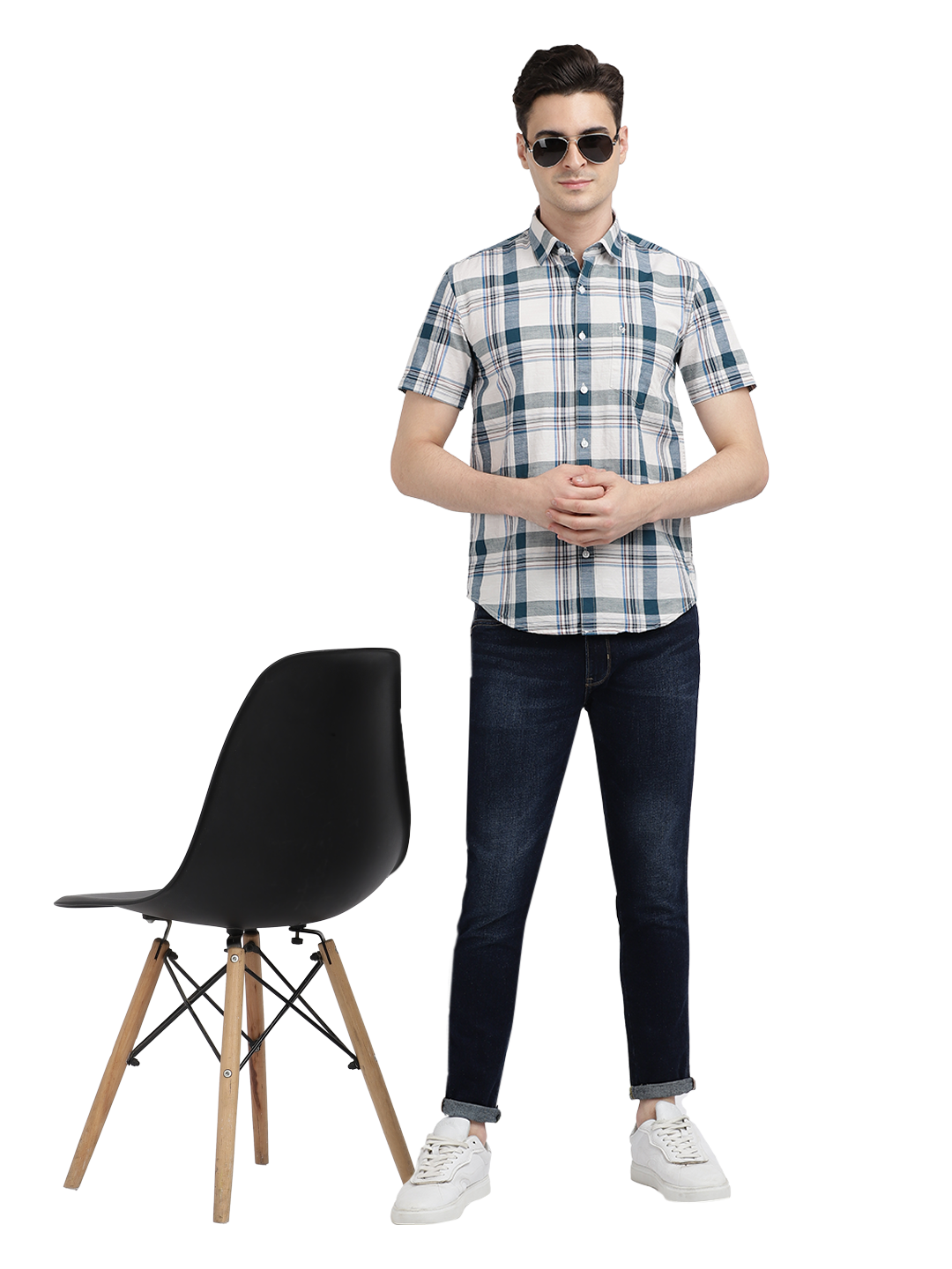 Model wearing Clarke Gable's White With Blue Checked Casual Shirt in a casual setting