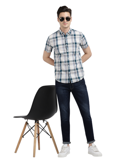 Model wearing Clarke Gable's White With Blue Checked Casual Shirt in a casual setting