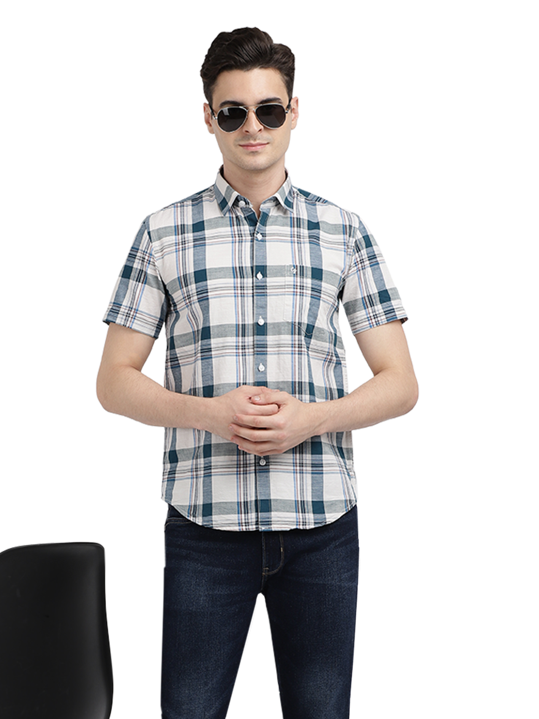 Model wearing Clarke Gable's White With Blue Checked Casual Shirt in a casual setting