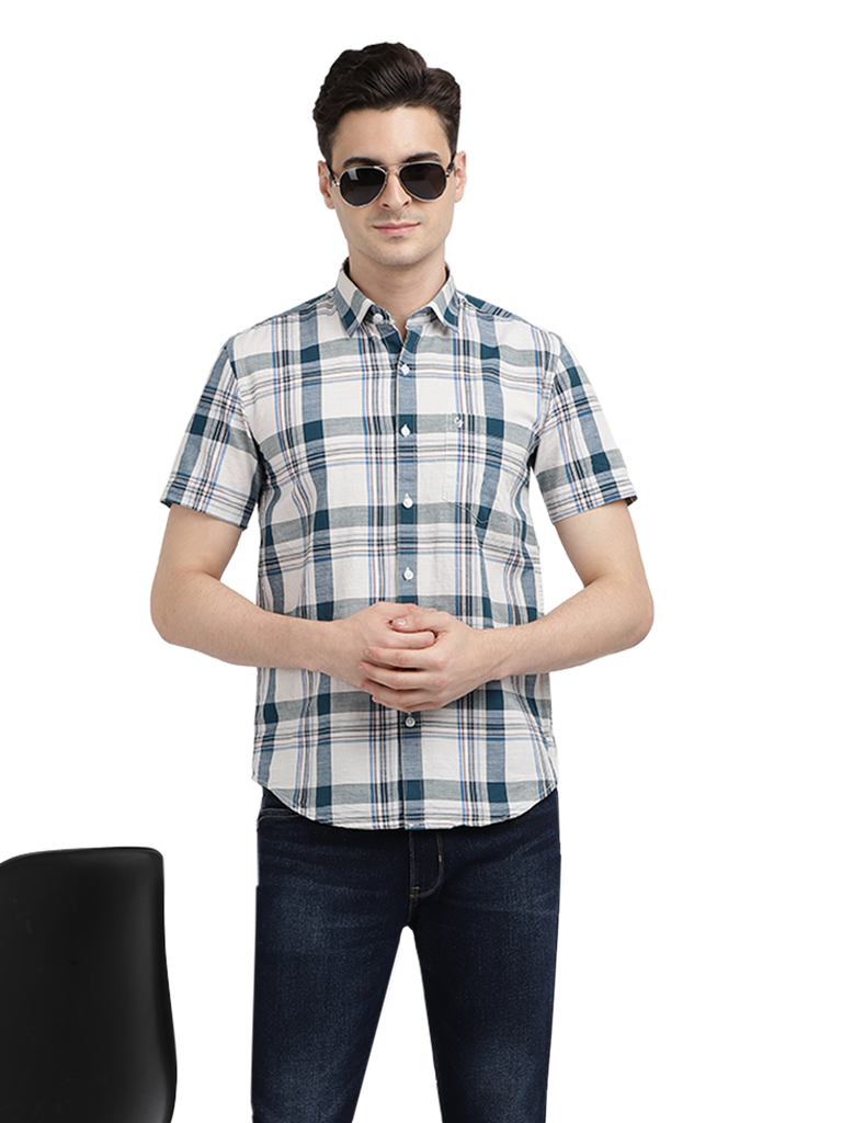 Model wearing Clarke Gable's White With Blue Checked Casual Shirt in a casual setting