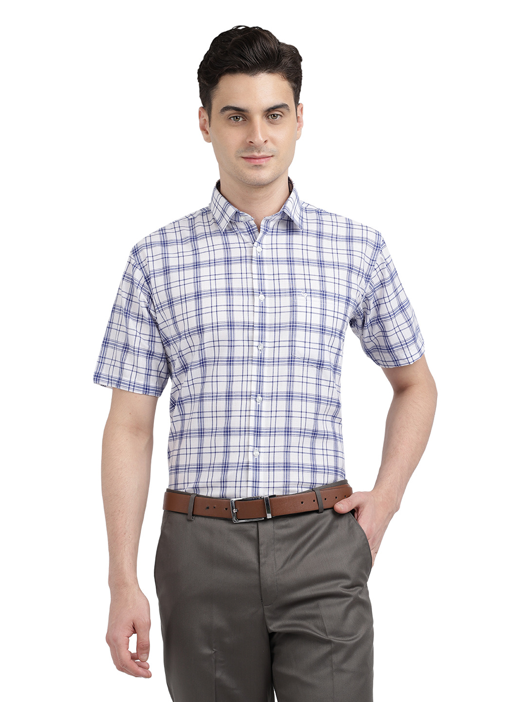 Model wearing Clarke Gable's White With Blue Checked Formal Shirt in a casual setting