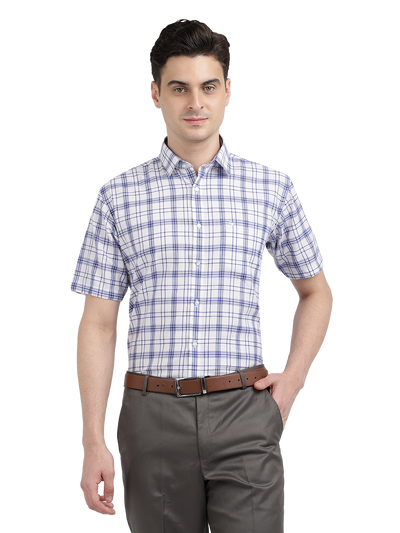 Model wearing Clarke Gable's White With Blue Checked Formal Shirt in a casual setting