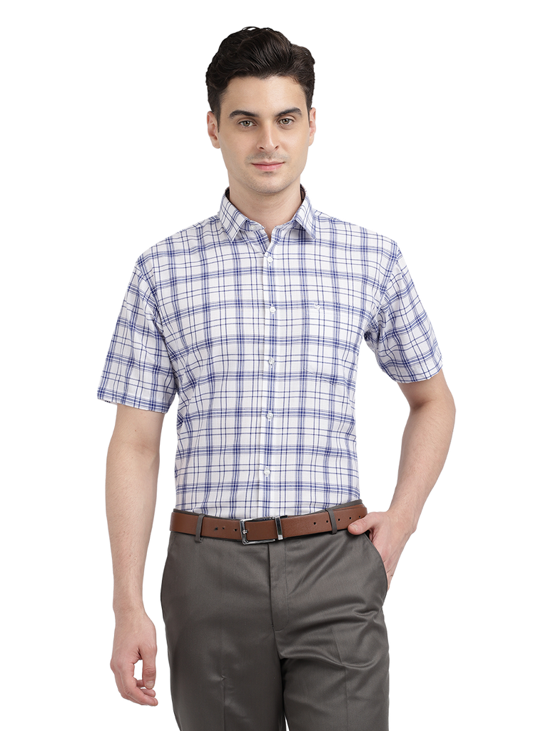 Model wearing Clarke Gable's White With Blue Checked Formal Shirt in a casual setting