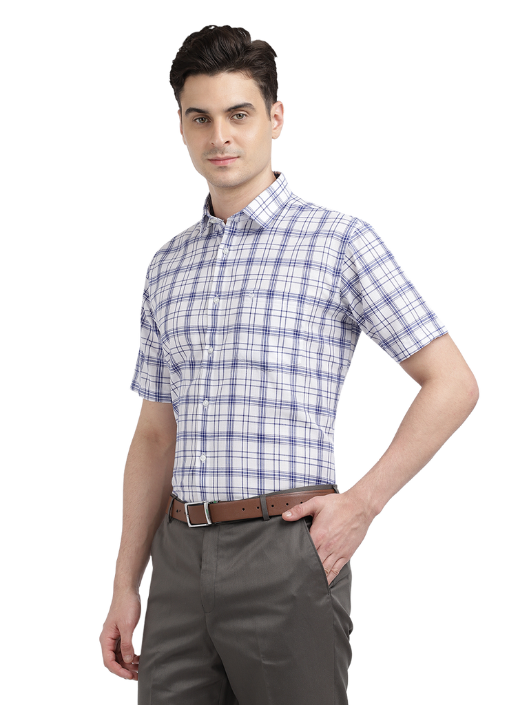 Model wearing Clarke Gable's White With Blue Checked Formal Shirt in a casual setting