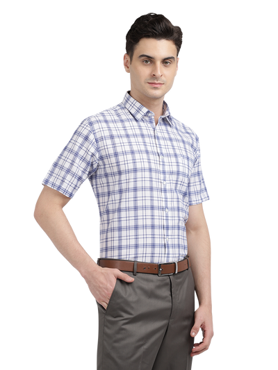 Model wearing Clarke Gable's White With Blue Checked Formal Shirt in a casual setting